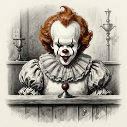 pennywise in court. pencil court sketch. intricate. highly professionally detailed.