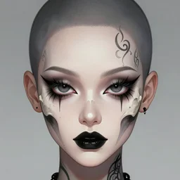 beautiful color portrait goth girl, big eyes,, face tattoo scull, balt head, sharp focus, smooth, digital illustration, by mcbess, dore, symmetry, by alexander mcqueen, trending on artstation