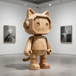 8k octae render photo ,a wooden sculpture art toys on feet minimalist ,very cute robot zen gardener with cat ears ,cyberpunk ,brutalist ,a contemporary art gallery , art by bérurier noir