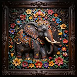Painted dark-wood panel relief carving of a Flowerpunk Matriarch Elephant, ornate border frame, explosion of colorful flowers, dark wood, intricately carved, black ink, festival of rich colors, intricate details, cinematic lighting, volumetric lighting, post-processing, by andreas rocha and john howe, and Martin Johnson Heade, featured on artstation, featured on behance, golden ratio, hyper detailed, photorealistic, epic composition, center spotlight, f32, well composed, UE5, 8k