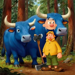 paul bunyan - giant lumberjack holding an axe next to a giant blue bull in front of a redwood forest by artgerm face by wlop