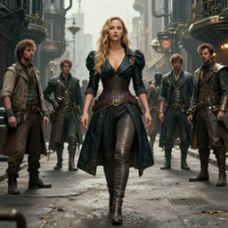a fancy portrait of Jenifer Lawrence walking down the street of a steampunk city by Greg Rutkowski, Sung Choi, Mitchell Mohrhauser, Maciej Kuciara, Johnson Ting, Maxim Verehin, Peter Konig, final fantasy , mythical, 8k photorealistic, cinematic lighting, HD, high details, atmospheric,