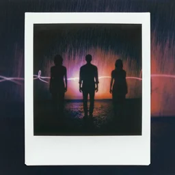 Polaroid of dark souls in a dream, silhouettes, threes, rain, reflection, double exposure, dramatic low-key neon lighting, light painting