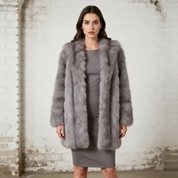 formal woman in a dress and gray fuzzy fur coat, white brick basement intricate dirty backdrop