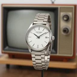 a wrist watch from 1 9 8 0 with an old tv screen and metal strap, inspired by hartmut esslinger