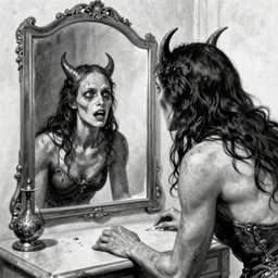 a gorgon looking in the mirror and gettin mg petrified, drawing by Hans Ballmer, black and white