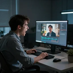 A software developer sitting at a desk in a dimly lit office, yelling at his computer, award-winning photograph, cinematic, 8k