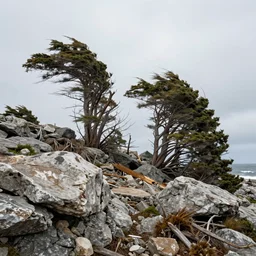 rocky landscape with windswept trees after a hurricane, 4k