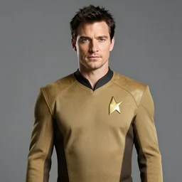 medium shot, studio photographic portrait of henry cavill wearing star trek uniform, studio lighting, photorealistic, concept art, 8k