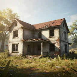 screenshot of an abandoned house, strong sunlight, 8 k, unreal engine.