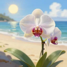 a beautiful orchid on a beach, sun shine, digital painting, artstation
