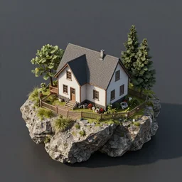 house on the island rock, unreal engine, high detail, realism, award winning, detailed lighting, view above
