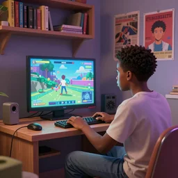 a black boy playing video - game in your room!!! ( 1 9 9 0 s ) with bookcases and posters, elegant digital art high detailed, volumetric light - s 1 5 0