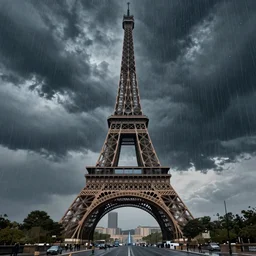 beautiful digital illustration Eiffel tower in the rain cyberpunk scenery by Marc Simonetti