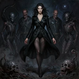 lady in black coat and pantyhose, cosmic horror style, intricate, seductive confident pose, realistic, highly detailed, digital painting, art by wlop and peter mohrbacher and ross tran and greg rutkowski, charlie bowater