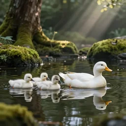 a white duck swimming followed by small white and black ducks, in a pond surrounded by nature, moss, trees, rays of light, reflections, highly detailed, cinematic lighting, perfect composition, 4 k, gustave dore, derek zabrocki, greg rutkowski, belsinski, octane render