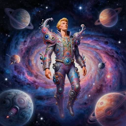 a drunk billionaire floating in space, psychedelic galaxy background with spiraling stars and planets, fractal spaceships flying, interesting and complex character design, digital painting masterpiece by mœbius, kim jung gi, karl kopinski, ilya kuvshinov, 4 k wallpaper, trending on artstation