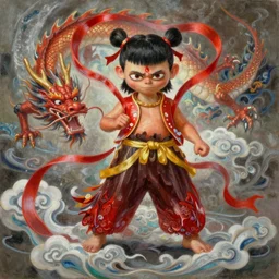 A beautiful oil painting of Nezha fighting a Chinese dragon, by Greg Rutkowski, high fantasy, Exquisite detail, post-processing, low angle, masterpiece, cinematic