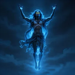 A handsome Peruvian god floating with his arms up, his eyes glowing yellow, casually dressed, his whole body glowing blue ominously. Shot from below, photorealistic, ominous and apocalyptic dark sky.