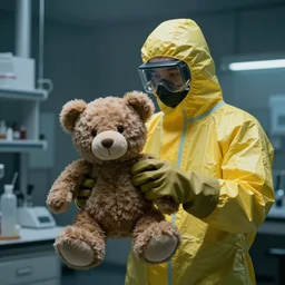 a person in a yellow hazmat suit handling a teddy bear with oversized gloves in a dark laboratory, hazy atmosphere, sharp focus, moody lighting, imax, dystopian