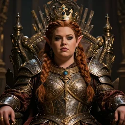 portrait, chubby female dwarf queen, dwarven breastplate, elaborate braided hair, regal and proud robust woman, bold serious expression, style by donato giancola, wayne reynolds, jeff easley dramatic light, high detail, cinematic lighting, artstation, dungeons and dragons, throne room,