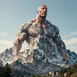 realistic still of cross between large mountain & dwayne johnson, mountain made of dwayne johnson, mountain has dwayne johnson as texture, hybrid, biomorphic, 8 k, 8 5 mm, f. 1 4, beautiful composition