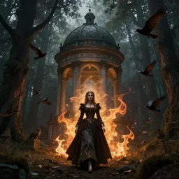 A Neoclassical tower with dome on a magical gloomy mystical forest, the elf gothic princess is walking in this place, there are also several birds flying. By Konstantin Razumov, Fractal flame, chiaroscuro, highly detailded
