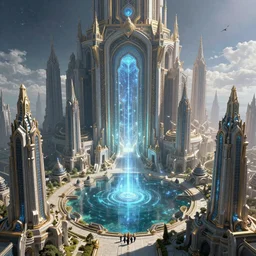 majestic interstellar portal, fortress gateway, huge futuristic temple city, magical sparkling lake, birds eye, vista view, peter mohrbacher, vladimir kush, michael whelan, bill stoneham, tsutomu nihei, jane graverol, kay sage, digital art, airbrush, art nouveau, intricate, clear, looming, epic, depth, artstation, highly detailed, blender, Unreal Engine, octane render, vray, 4k, super wide angle
