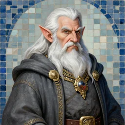 painted portrait of deep gnome, wizard, pirate, white hair, ornate jewelry, masculine mature, mosaic tile background, handsome imposing, half body, burly robe fantasy intricate elegant detailed rule of thirds fibonacci digital painting trending artstation concept art sharp focus illustration art by alphonse mucha greg rutkowski
