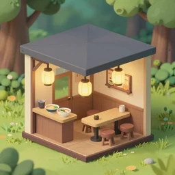 outside view of miniature classy ramen shop with : chinese lamps, table and stools, situated in an enchanted forest, studio ghibli style, hayao miyazaki drawings, spirited away, clean, low poly art, detailed, isometric view, artstation, behance, global illumination, 3 d illustration, kawaii, pastel colors