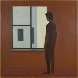 A painting of person standing next to a window, abstract painting in the style of Sophie Taeuber-Arp and Gary Hume and Tatsuro Kiuchi, flat colour-block style, geometric abstraction, deep earthy colours