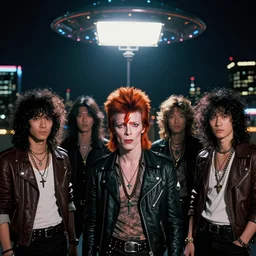 The wide shot of disco punk rock Asian band with very long curly dark hair in the style of David Bowie, top soft box light, night city on the background, flying saucer in the sky, by Lubezki and David Lynch, anamorphic 35 mm lens, cinematic, rock movie, award winning photography, anamorphic lens flares 4k