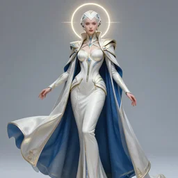 detailed beautiful noun in semi opened white gold blue coat, seductive confident pose, attractive feminine curves, intricate details, futuristic, alien, elegant cape, elegant, photorealism, shot on hasselblad, trending on artstation, holy halo, advanced technology, art by moebius and vitaly bulgarov and chanthara