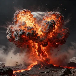 planetary explosion, magma, debris, dust, concept art, cinematic lighting, volumetric shadows, high detail