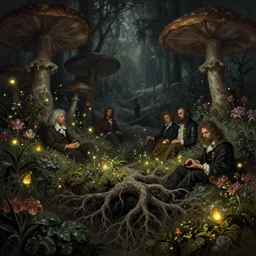 a beautiful digital landscape painting of a detailed gothic fantasy fireflies and roots, dark mushroom, flowers by benoit b. mandelbrot, steven belledin, martin johnson heade, lee madgwick, caspar david friedrich, and david rios ferreira. 8 k resolution trending on artstation concept art digital illustration