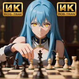 rimuru playing chess, with amber eyes of golden colored eyes, straight hair, sky blue hair, long bangs, high collar, concept art, award winning photography, digital painting, cinematic, by wlop, anime key visual, wlop, 8 k, by ross tran, tom bagshaw, andy warhol