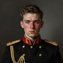 realistic portrait of a young war general in his black uniform, painted face with red, greg rutkowski, seb mckinnon, matte painting, delicate, facing the camera, mysterious, hyper realism, 1 4 5 0, ink, ultra realistic, 8 k