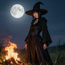 portrait of a cyberpunk young witch in a black robe standing in the grass next to a fire, full moon in the sky overhead, detailed face, highly detailed, by frank frazetta and boris vallejo