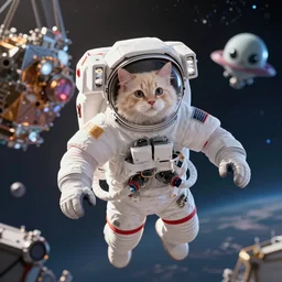 3D realistic action sequence of an astronaut ((cream colored maine coon kitten)) in a spacesuit floating in space at the James Webb Telescope, alien spacecraft friendly cute cute cute in the background