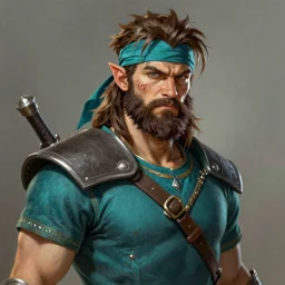 A striking epic hyper real comic book style portait painting of an arrogant half-elf ranger, teal tunic, teal headband, shaggy brown hair, scruffy beard, scar on face, D&D Concept Art, unreal 5, DAZ, Apex legends concept art, hyperrealistic, octane render, cosplay, RPG portrait, dynamic lighting