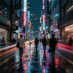 a cyberpunk alley in future tokyo at night, long exposure blur of foot traffic, reflections on wet ground by sachin teng and pascal blanche nekro josan gonzalez rhads ruan jia. in style of digital art. cinematic lighting, film noirs, symmetry, vibrating colors, hyper detailed. octane render, artstation, clear, sharp, straight lines