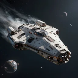 concept art, a single military scouting spaceship, traveling to new worlds, deep space exploration, the expanse tv series, industrial design, dynamic angle, high energy and motion, spatial phenomena, cinematic lighting, 4k, greebles, widescreen, wide angle, beksinski, sharp and blocky shapes