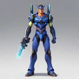 character design digital 2 d full body man viking evangelion pokemon cyborg blue armor with and hologram gun by gaston bussiere, anna nikonova aka newmilky, greg rutkowski, yoji shinkawa, yoshitaka amano, tsutomu nihei, muira, moebius, donato giancola, trending on artstation, featured on pixiv