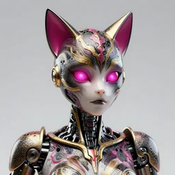 complex 3 d render of a beautiful porcelain robot - cat woman face, with glowing eyes magenta gold and black, fractal veins. dragon cyborg, 1 5 0 mm, beautiful natural soft light, rim light, gold fractal details, fine lace, mandelbrot fractal, anatomical, glass, facial muscles, elegant, ultra detailed, metallic armor, octane render, depth of field