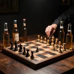 beer bottles playing competitive chess, dramatic lighting