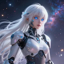 photo of a android girl on a mothership, warframe armor, beautiful face, scifi, nebula, raytracing, futuristic background, hopeful, dreamy, focused, sparks of light, aura, long white hair, blue cyborg eyes, glowing, 8 k high definition, insanely detailed, intricate, innocent, art by akihiko yoshida, antilous chao, li zixin, woo kim