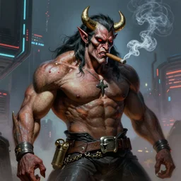 A muscular demon smoking a cigar in a cyberpunk setting, by Frank Frazetta, Trending on Artstation, highly detailed,