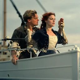 leonardo dicaprio and kate winslet in the movie titanic, but as skeletons, standing on the bow of an abandoned rusty cargo ship in a desert. extremely detailed line art and watercolor by kim jung gi
