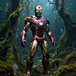rusty iron man suit with moss being reclaimed by nature underwater!!!!, 4 k, spooky
