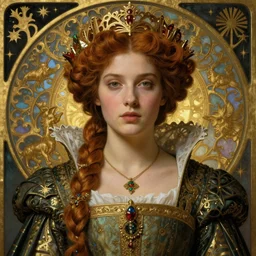 detailed realistic beautiful young medieval queen portrait by jean delville, art nouveau, symbolist, visionary, gothic